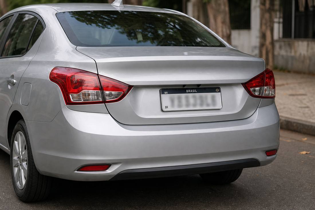 Placa Mercosul branca instalada na traseira de carro prata
